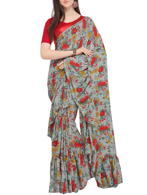floral printed saree with blouse - 16049480 - Very Small Image - 1