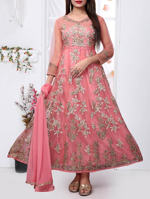 embroidered a-line semi-stitched suit - 16050340 - Very Small Image - 1