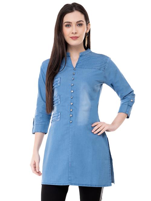 pintucks denim straight kurti - 16051116 - Very Small Image - 1