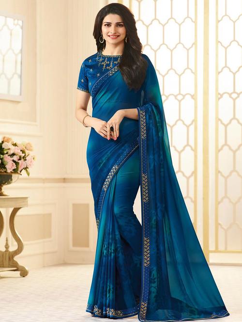embroidery bordered printed saree with blouse - 16051297 - Very Small Image - 1