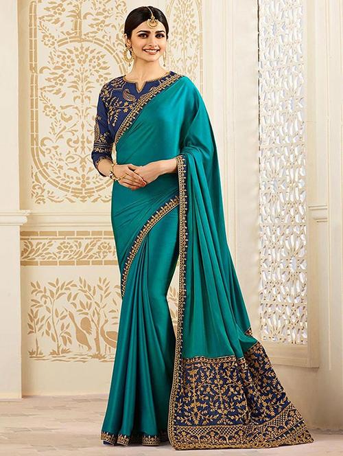 turquoise embroidered border saree with blouse - 16051299 - Very Small Image - 1