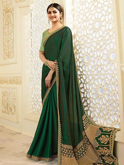 green embroidered border saree with blouse - 16051301 - Very Small Image - 1