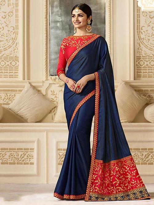 blue embroidered border saree with blouse - 16051303 - Very Small Image - 1