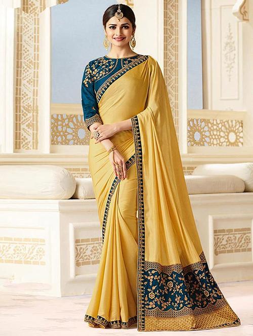 yellow embroidered border saree with blouse - 16051305 - Very Small Image - 1