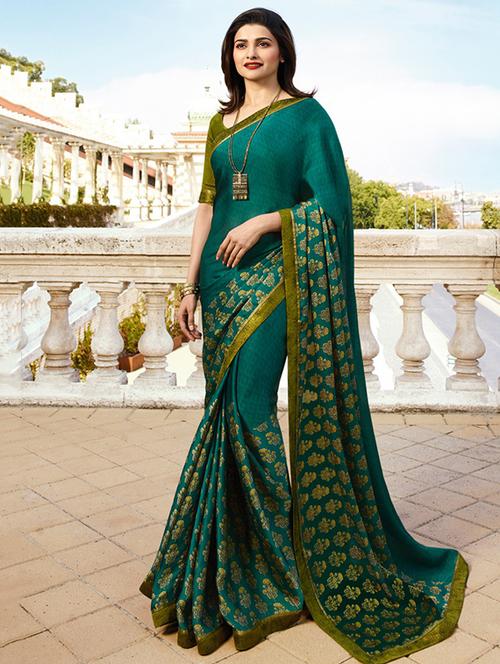 mehandi floral printed saree with blouse - 16051384 - Very Small Image - 1