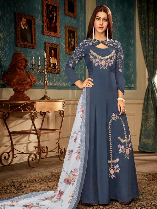 embroidered semi-stitched flared suit - 16052305 - Very Small Image - 1