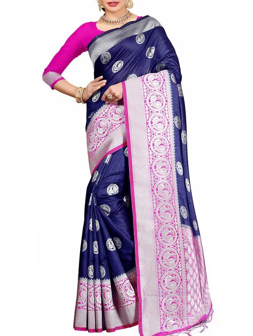 contrast zari border woven saree with blouse - 16055998 - Very Small Image - 1