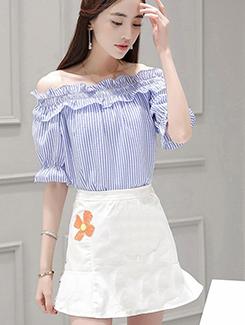 ruffled off shoulder striped top - 16057029 - Very Small Image - 1