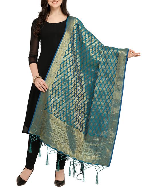 blue self designed banarasi dupatta with fringes  - 16059033 - Very Small Image - 1