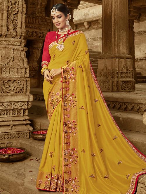 mustard floral embroidered saree with blouse - 16060206 - Very Small Image - 1