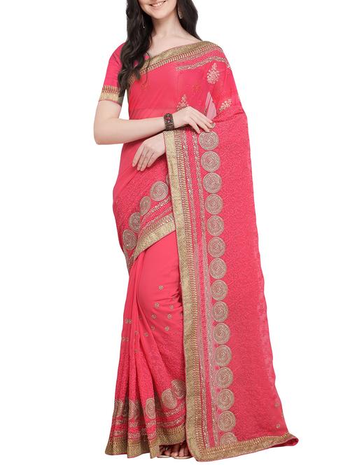 pink floral embroidered saree with blouse - 16063671 - Very Small Image - 1