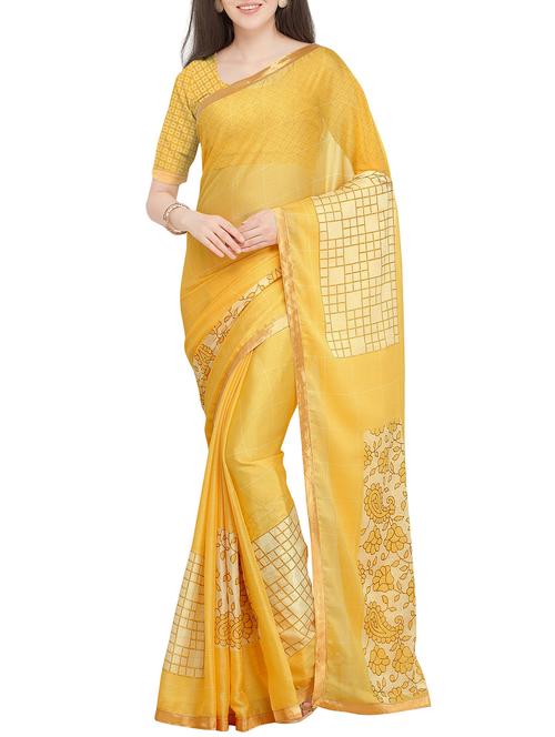 yellow foil printed saree with blouse - 16063692 - Very Small Image - 1