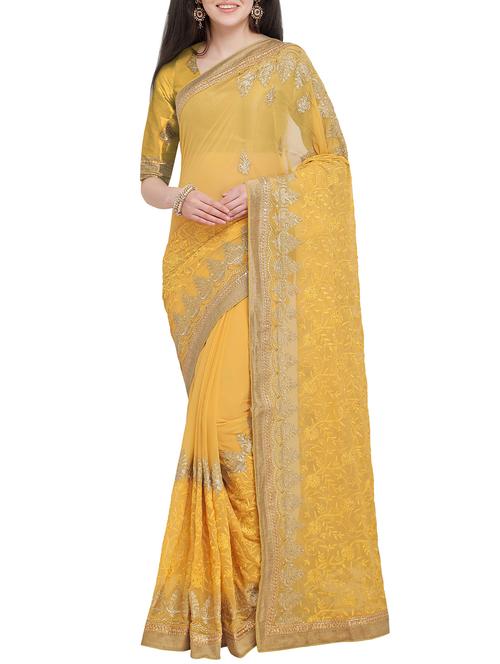 yellow floral embroidered saree with blouse - 16063710 - Very Small Image - 1