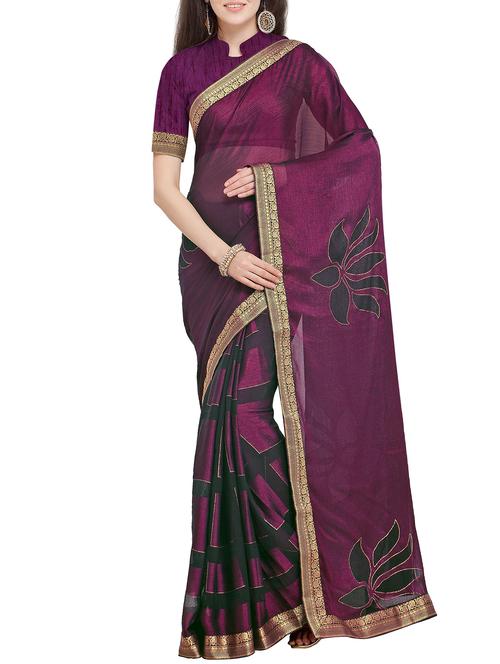 purple chiffon printed saree with blouse - 16063743 - Very Small Image - 1
