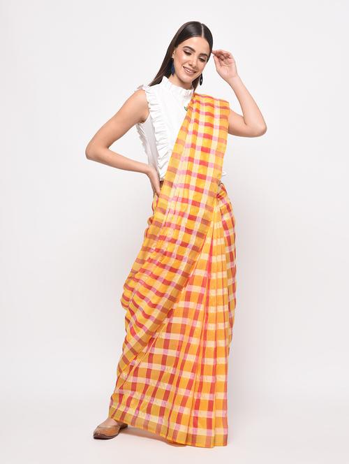 checkered zari motif woven saree with blouse - 16064895 - Very Small Image - 1