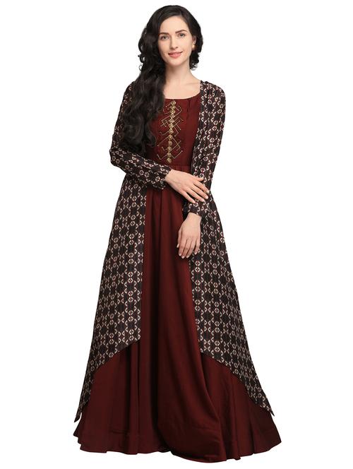 burgundy tussar flared gown with printed jacket  - 16065466 - Very Small Image - 1