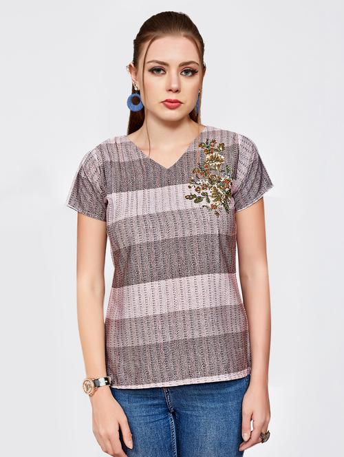 v-neck striped embroidered top - 16066348 - Very Small Image - 1