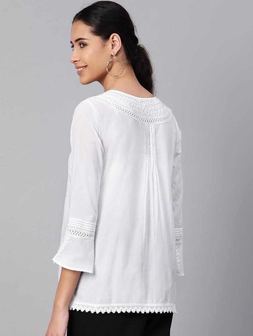 hand-embroidered white chikankari kurti - 16066850 - Zoom Image - 2