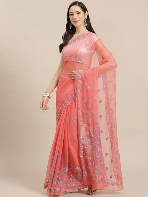peach georgette saree with blouse - 16067331 - Very Small Image - 1