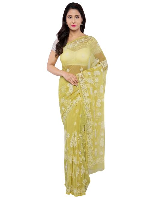 mehandi georgette chikankari saree with blouse - 16067335 - Very Small Image - 1