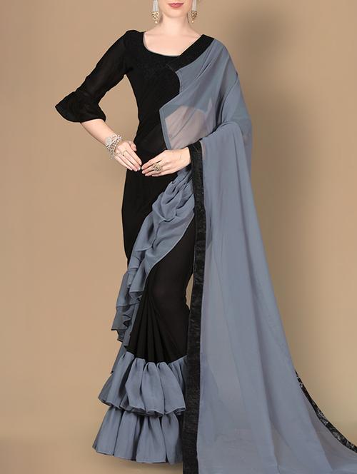 half & half ruffle fusion saree with blouse - 16071990 - Very Small Image - 1