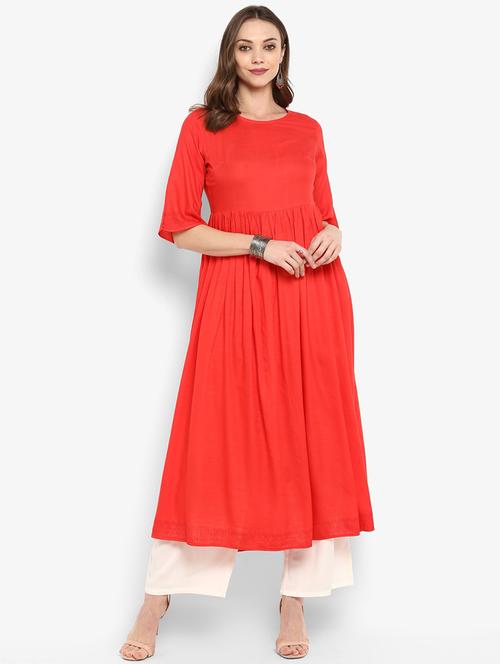 coral red hand block print flared kurta - 16077688 - Very Small Image - 1