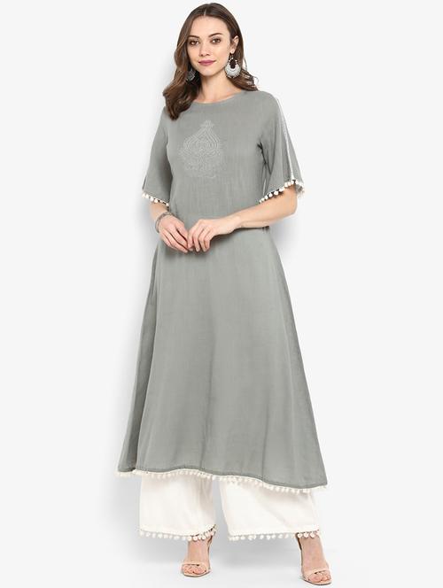 ethnic motif solid kurta with palazzo set - 16077701 - Very Small Image - 1