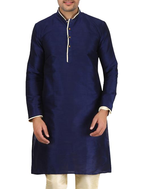 dark blue pure silk long  kurta - 16079273 - Very Small Image - 1