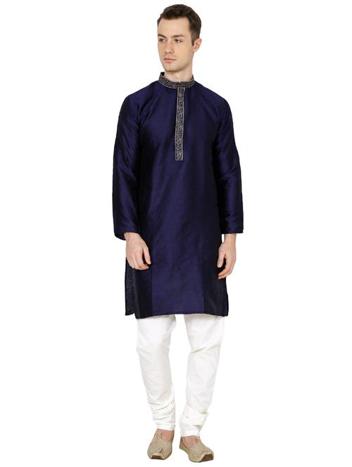 navy blue silk blend long kurta - 16079703 - Very Small Image - 1