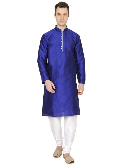 blue silk blend long kurta pyjama set - 16079731 - Very Small Image - 1