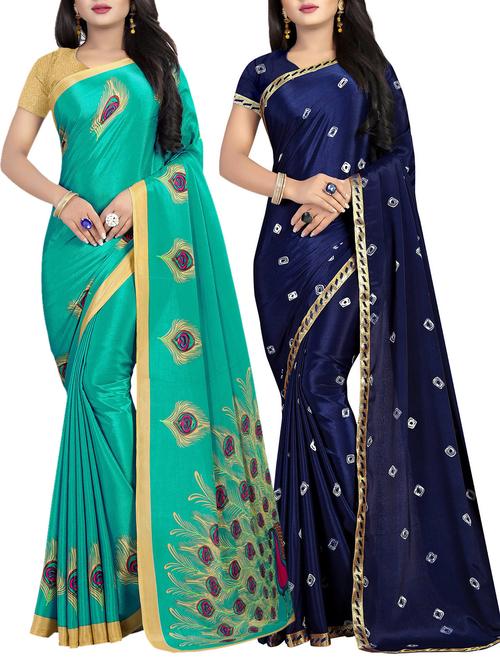 set of 2 multicolor printed saree combo with blouse - 16085724 - Very Small Image - 1