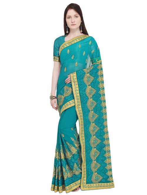 turquoise georgette embroidered saree with blouse - 16087160 - Very Small Image - 1