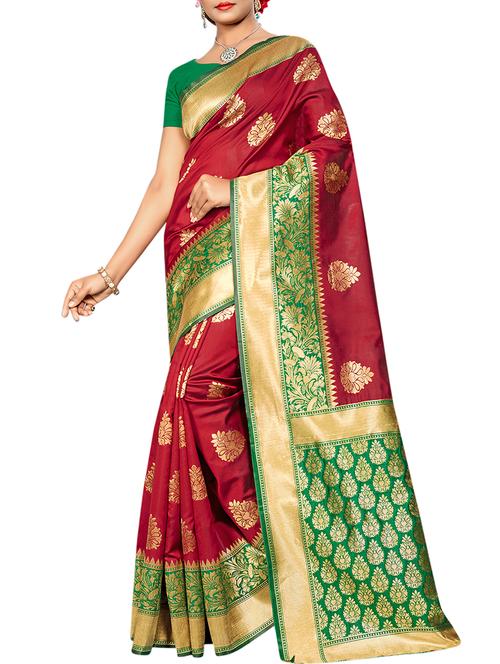 contrast zari border banarasi saree with blouse - 16090116 - Very Small Image - 1