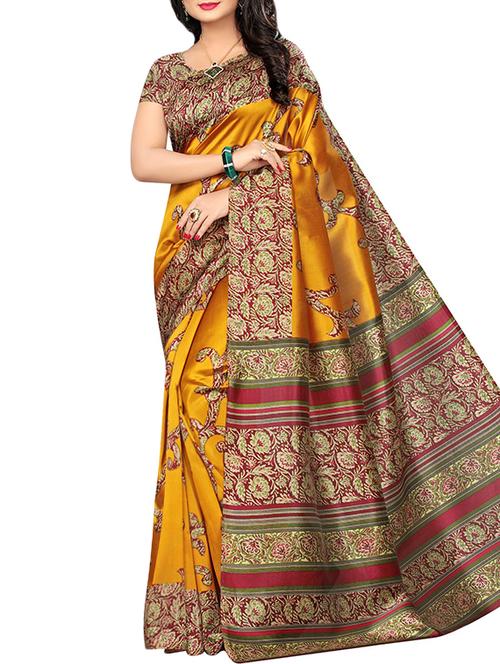 yellow art silk printed saree with blouse - 16090385 - Very Small Image - 1