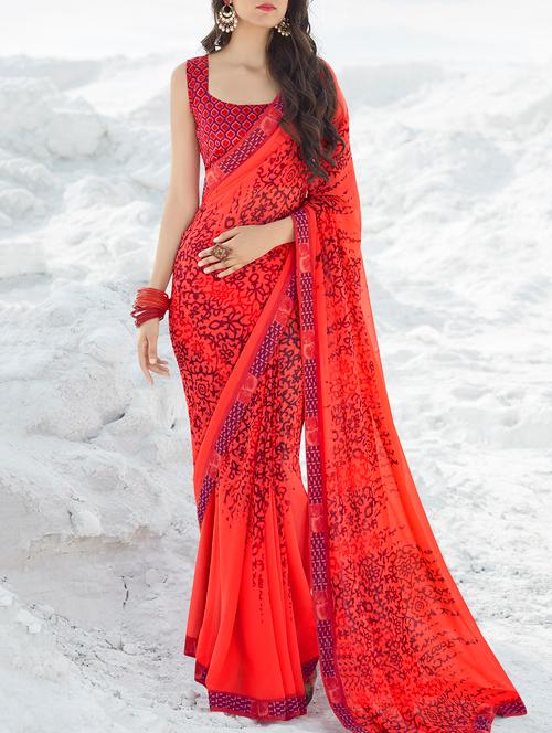 ethnic motifs printed saree with blouse - 16094147 - Very Small Image - 1