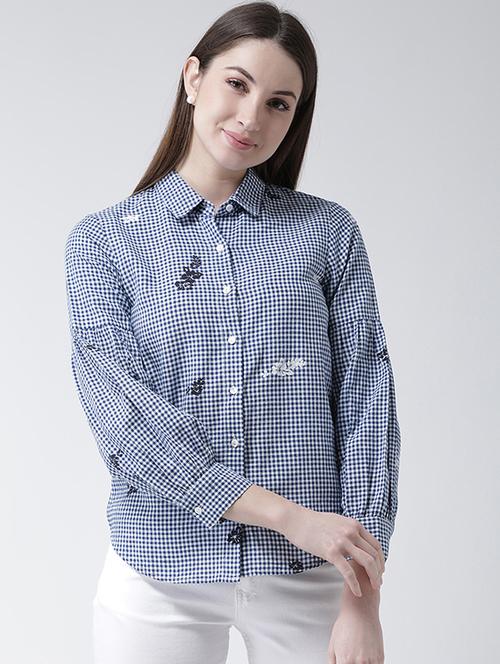 checkered floral curved hem shirt - 16094207 - Very Small Image - 1