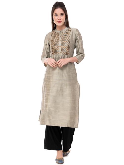 embroidered yoke straight kurta - 16094425 - Very Small Image - 1