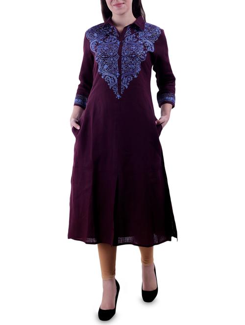 burgundy embroidered straight kurta - 16098401 - Very Small Image - 1