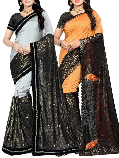 set of 2 multicolor saree combo with blouse - 16099705 - Very Small Image - 1