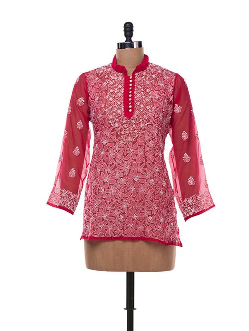 red chikankari kurti - 16103 - Very Small Image - 1