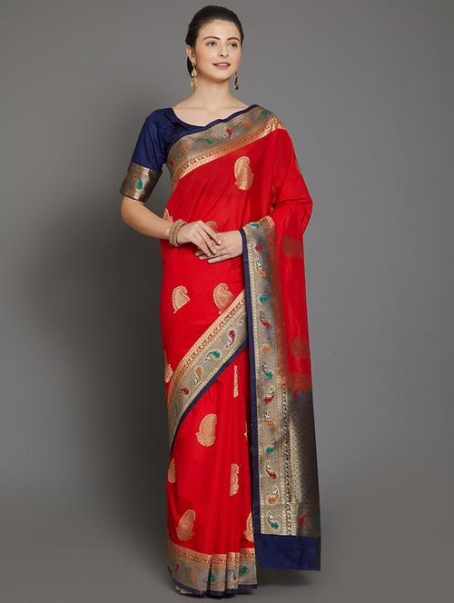 paisley zari motifs red banarasi saree with blouse - 16103426 - Very Small Image - 1