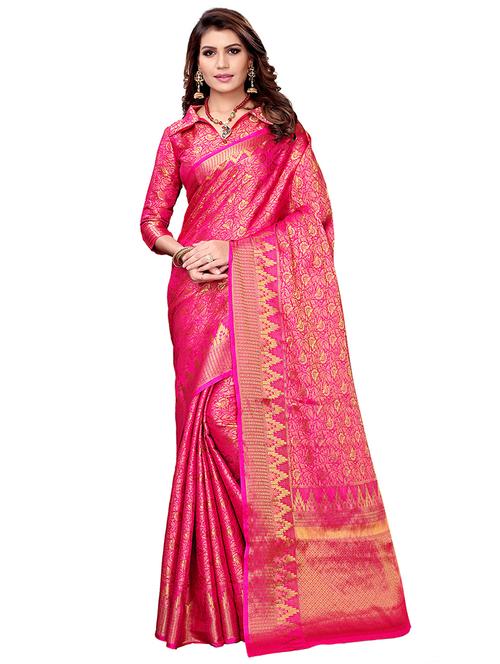 floral zari motifs banarasi saree with blouse - 16103442 - Very Small Image - 1