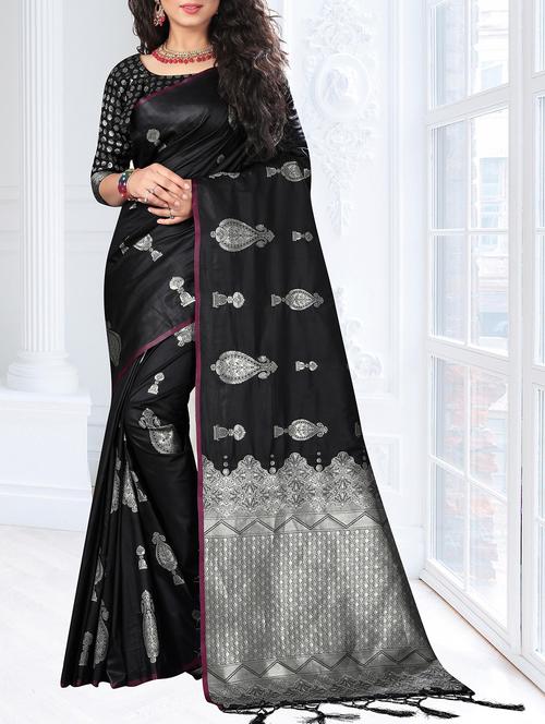 silver zari motifs black kanjivaram saree with blouse - 16104507 - Very Small Image - 1