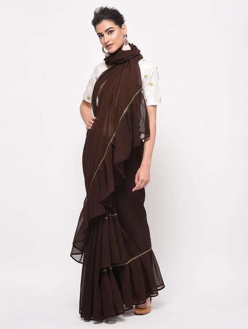 ruffle lace border fusion saree with blouse - 16106060 - Very Small Image - 1