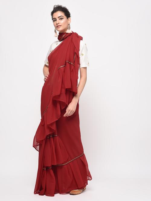 ruffle lace border fusion saree with blouse - 16106061 - Very Small Image - 1