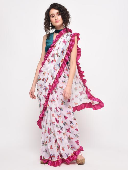 contrast ruffled printed saree with blouse - 16106322 - Very Small Image - 1