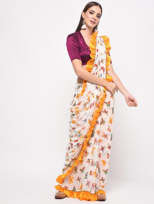 contrast ruffled printed saree with blouse - 16106324 - Very Small Image - 1