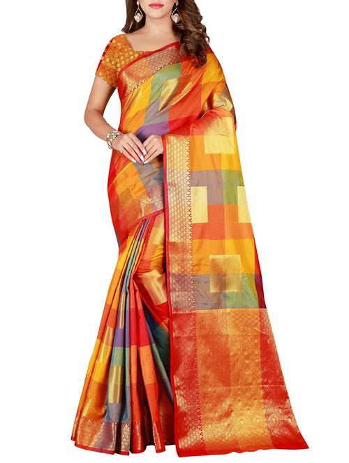 checkered zari motif woven saree with blouse - 16110394 - Very Small Image - 1