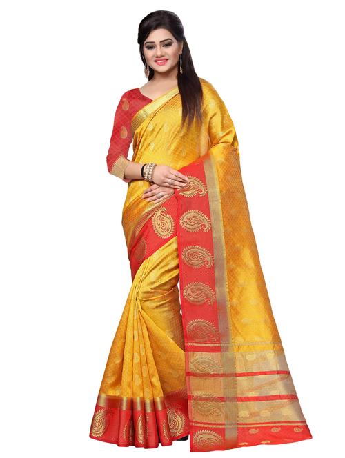 contrast zari border mustard kanjivaram saree - 16111720 - Very Small Image - 1