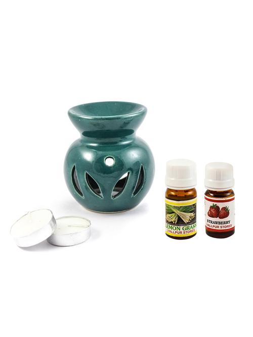 ceramic aroma t light diffuser pot shape leaf design green colour with strawberry & lemongrass fragrance oil and candle - 16112914 - Very Small Image - 1